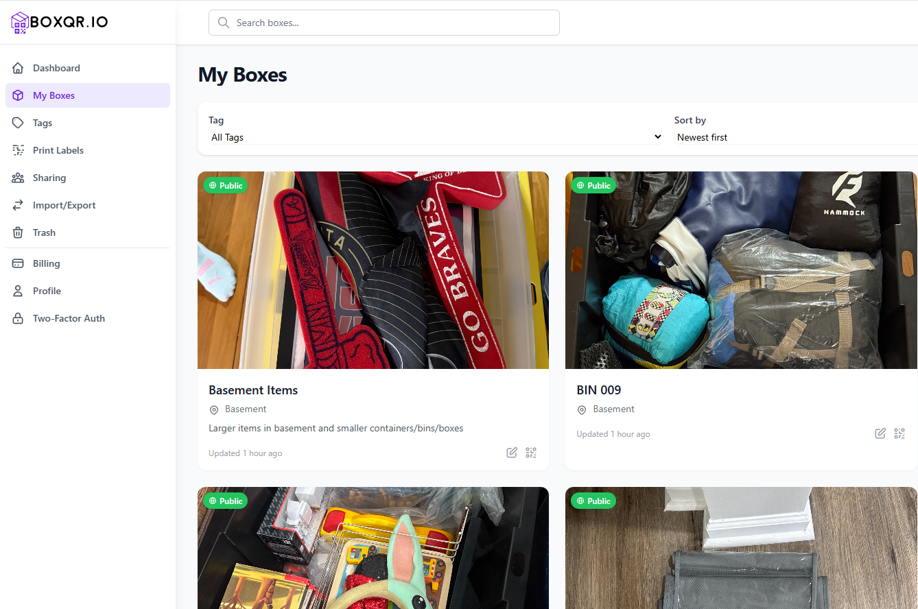 storage inventory app screen for boxes and bins