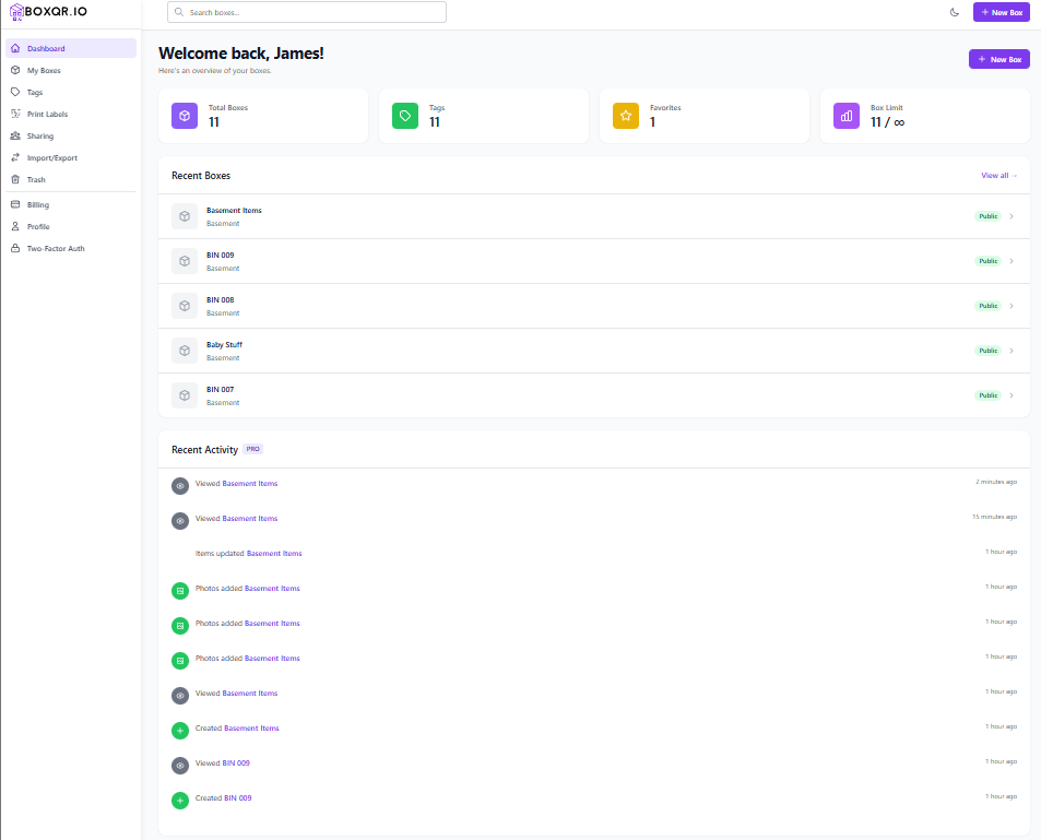 storage dashboard for bins and tags